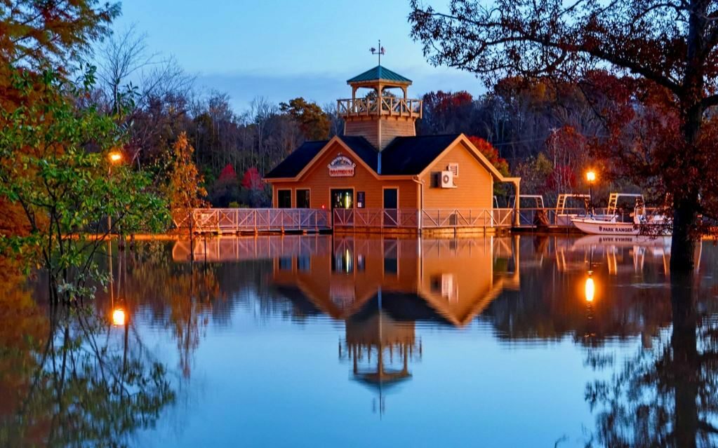 boat house on a lake